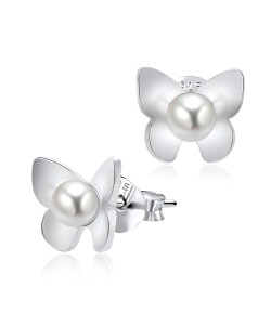 Butterfly With Pearl Silver Stud Earring STS-3386